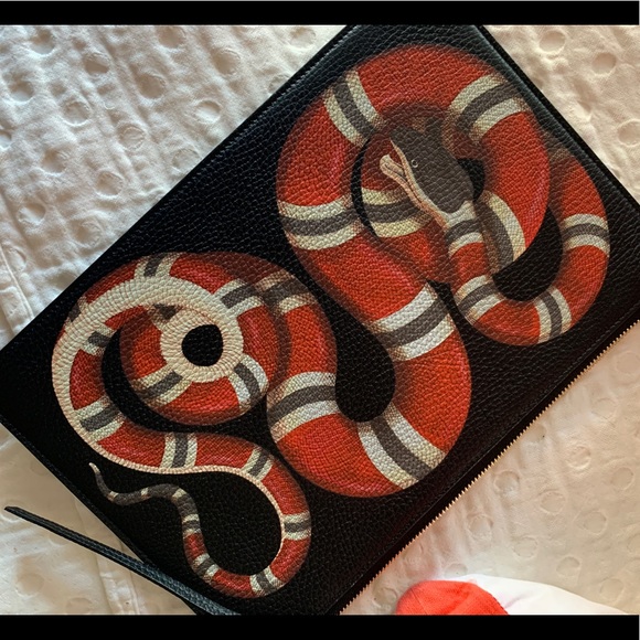 Gucci Handbags - Gucci Black Leather Clutch with Red & White Snake Motif